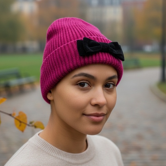 Kate Spade Accessories - Kate Spade New York Pink Knit Beanie Velvet Bow Cuffed Winter Hat One Size